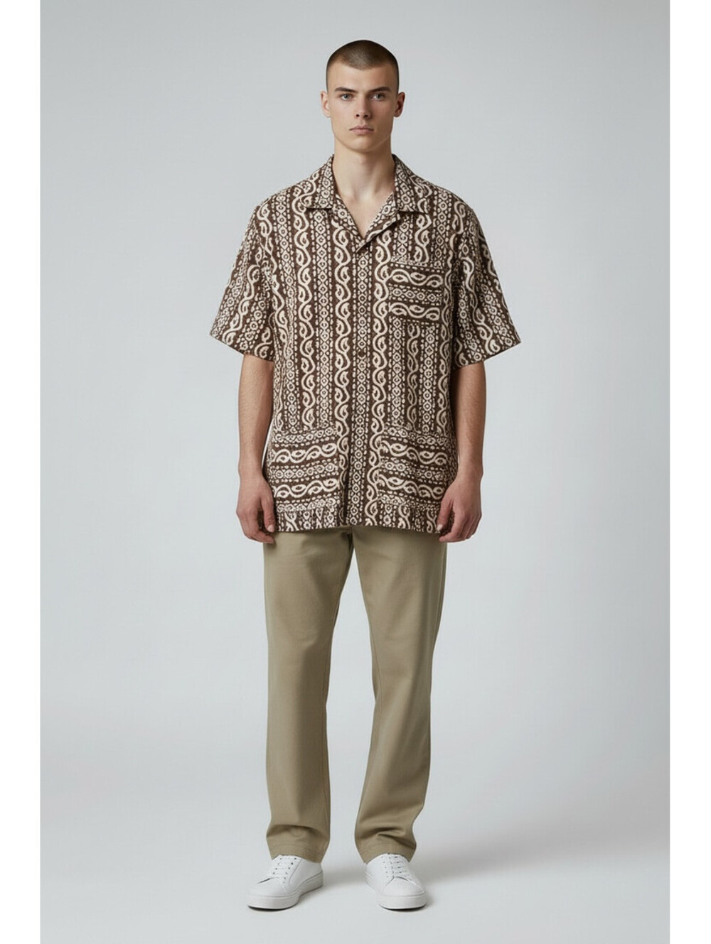 Todd Snyder Shirt Geometric Camp Loop Collar Button Brown White Mens L